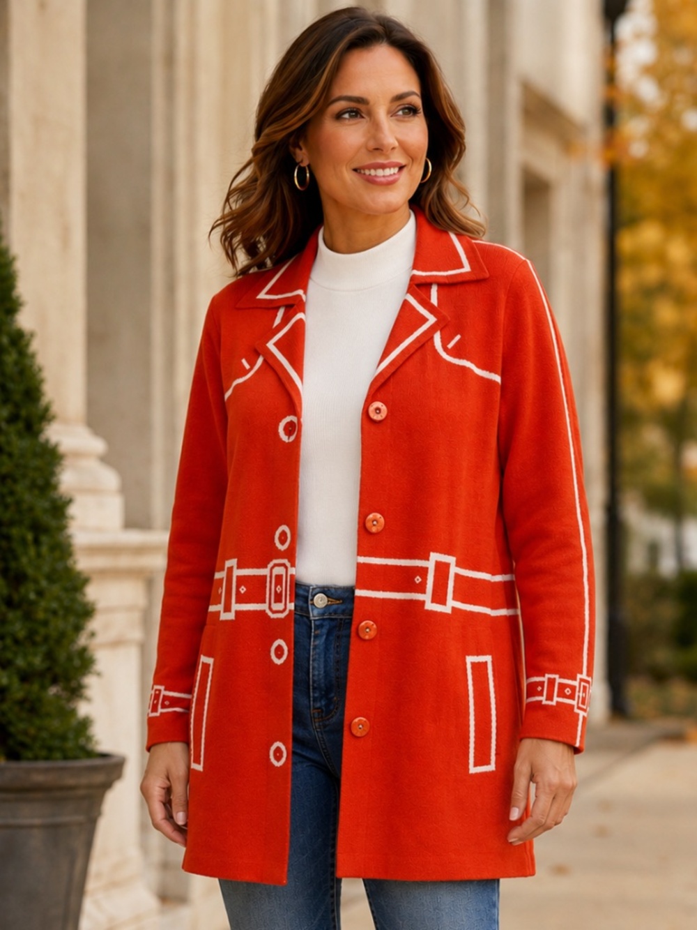 Marla Wynne Orange Jacquard Sweater Jacket Cardigan Belt Print Size M NWOT